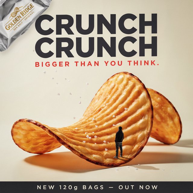A creative promotional poster for potato chips featuring a forced perspective effect. — Ideogram v4