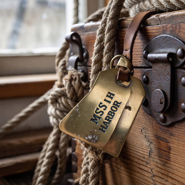 A brass luggage tag hangs from a weathered sea chest in a harbor loft, its face bearing “MIST HARBOR” in deeply stamped blue capitals; ropes and salt-crusted fittings surround it, with no other writing visible. — ImagineArt 2