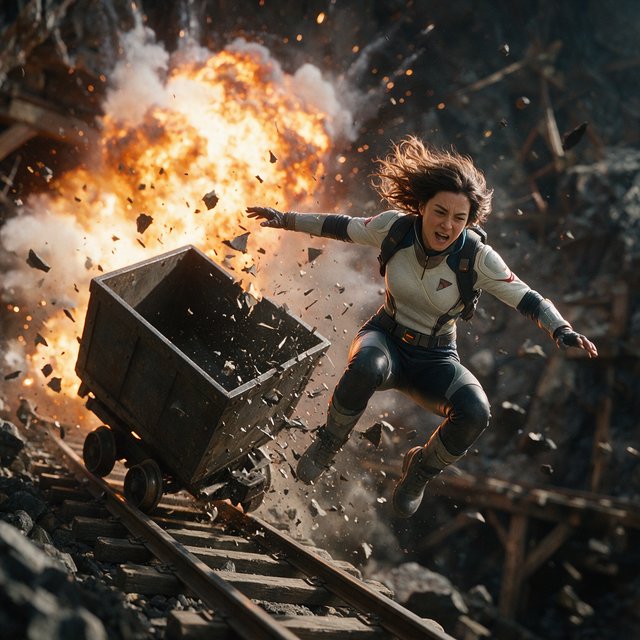 Collapsing mine, woman in a futuristic outfit, in a runaway mine cart. The cart is moving towards the foreground. Behind her cart, there was a huge explosion in the mine. The impact of the explosion is so great that it has knocked the cart off the tracks and sent the rider flying. Angle the empty cart, which is in the process of shattering, close to the woman. Focus the image on the female rider who has flown off the cart. Ensure her features are photorealistic. Make the scene photorealistic, explosive, and exciting as if it is from an action-packed movie. — Seedream 5.0 Pro