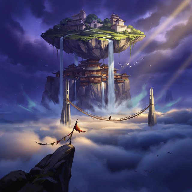 A colossal cliffside monastery hangs beneath a floating island, its waterfalls falling into luminous cloud seas. Bronze bridges connect needle towers, while dawn rays pierce violet storms and tiny windows glow above an endless abyss. — Ideogram v4