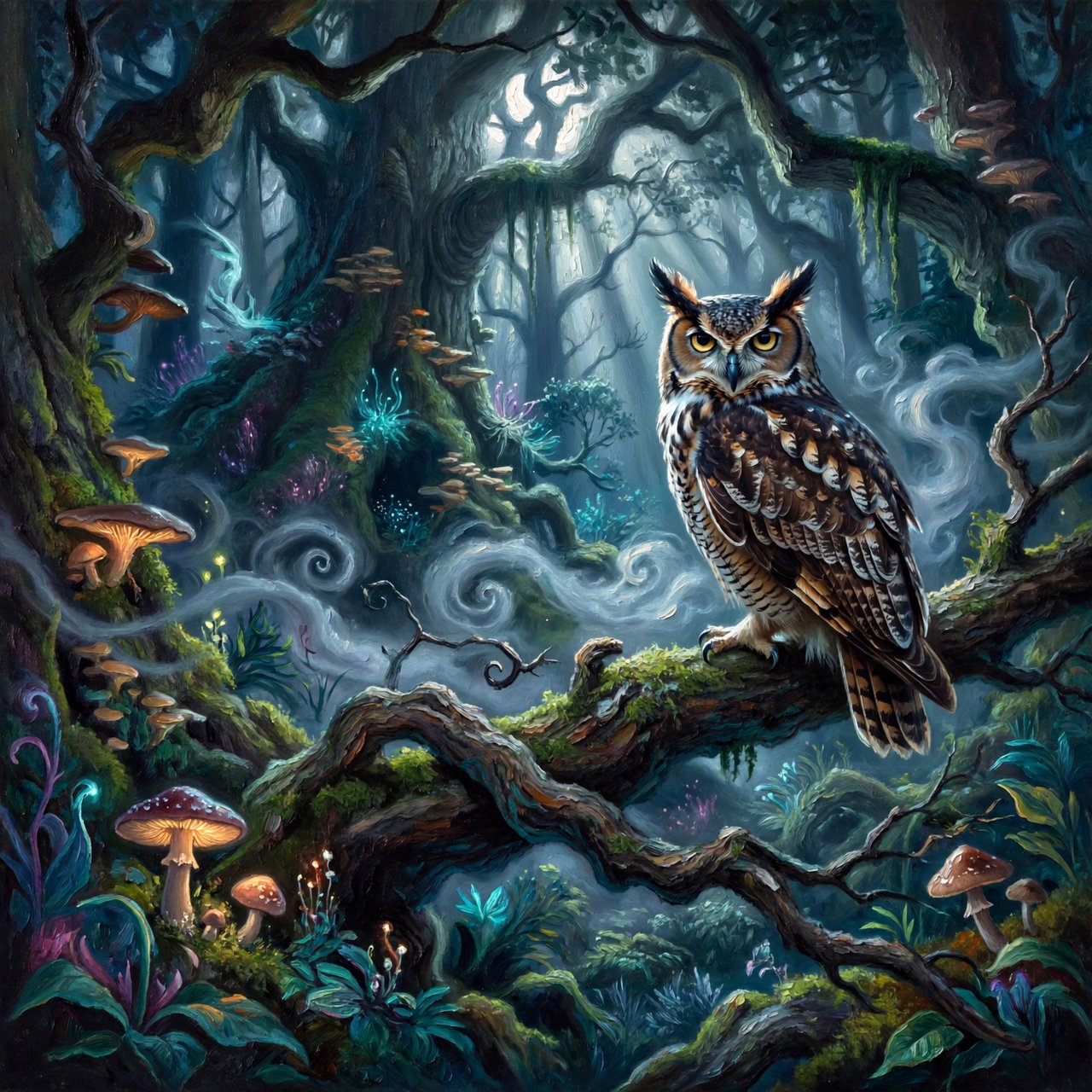 A majestic owl with ancient, knowing eyes perched on a gnarled branch within an ethereal forest. Moonlight filters through the dense canopy, illuminating swirling mists and glowing flora. The scene evokes a sense of deep mystery and ancient magic. Rendered in the style of magical realism with rich oil painting textures. — ImagineArt 2