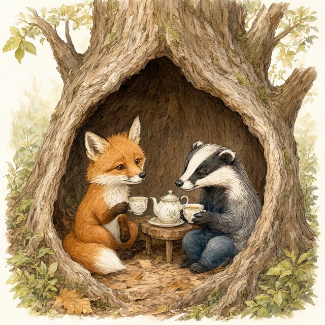 Children's book illustration of a fox and a badger sharing tea in a hollow tree, watercolour and ink, warm and gentle. — Qwen Image 3.0 Pro