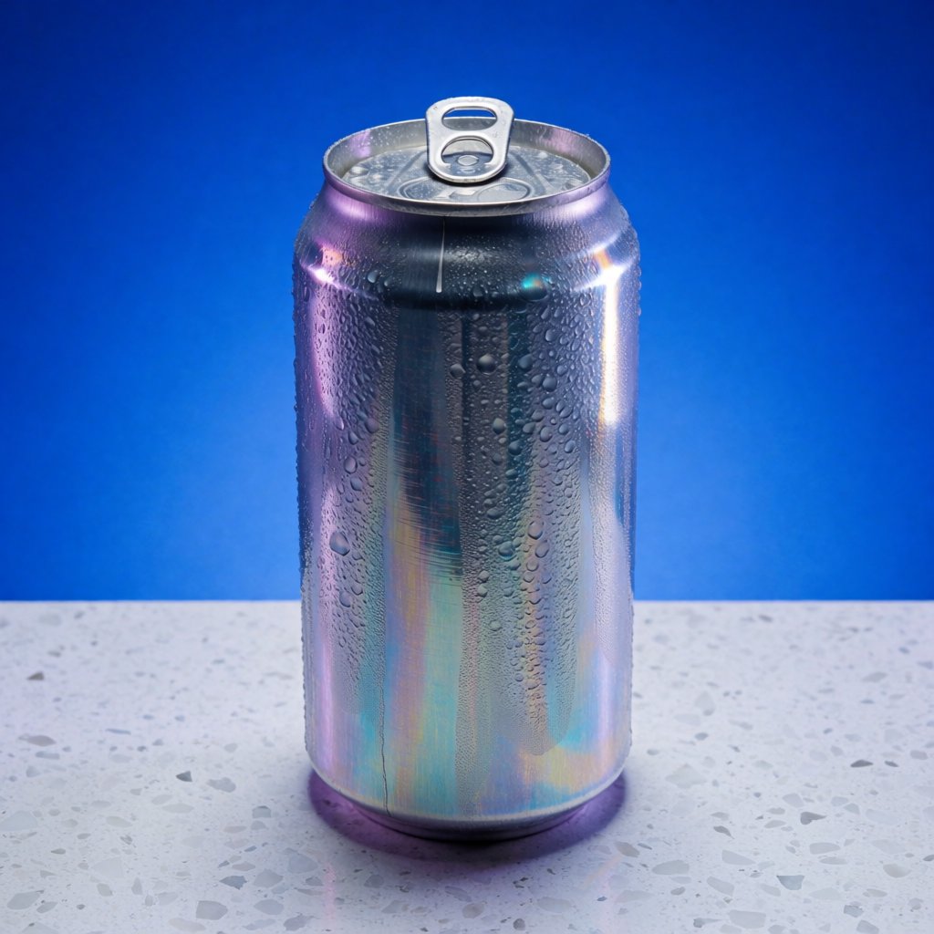 A slim, unbranded sparkling-water can of brushed aluminum, beaded with condensation, stands on a pale terrazzo surface against a seamless electric-blue background; broad overhead diffusion and a crisp side strip create clean highlights, with no lettering or graphics. — Krea 2 Medium