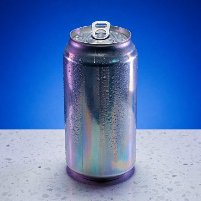 A slim, unbranded sparkling-water can of brushed aluminum, beaded with condensation, stands on a pale terrazzo surface against a seamless electric-blue background; broad overhead diffusion and a crisp side strip create clean highlights, with no lettering or graphics. — Krea 2 Medium