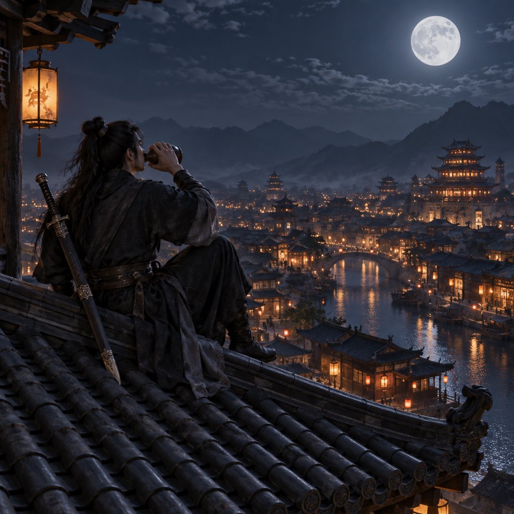 A lone Chinese swordsman sits on a tiled rooftop in ancient China at night, gazing over a lantern-lit city while drinking from a ceramic wine flask, moonlight bathing the quiet scene. — GPT Image 2.5 Sunburst