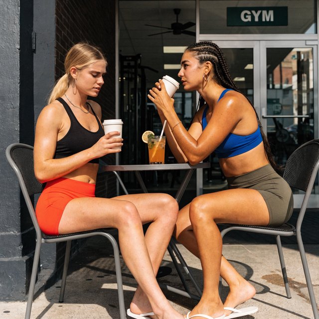 Two muscular adult women in their twenties, one Caucasian blonde and one Latina, sit at an outdoor café table beside a gym after their workout. They wear tight workout shorts, sports bras, and flip-flops. — Recraft v4 Pro