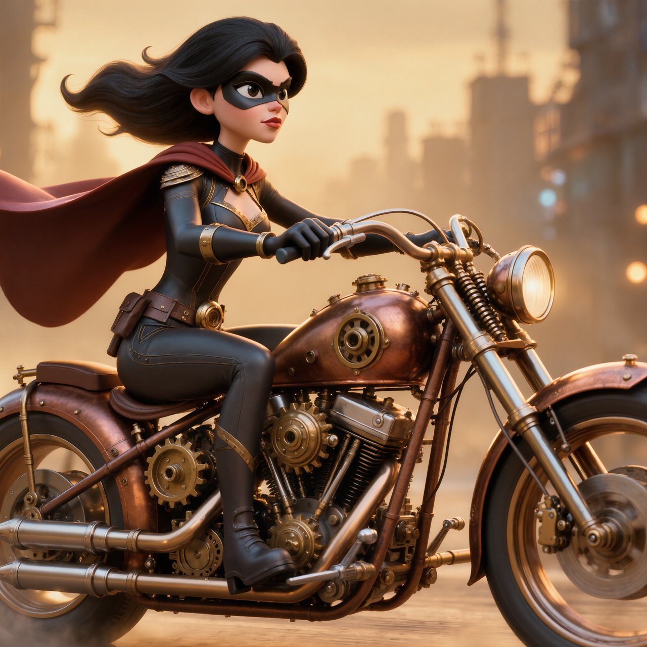 A modeled 3D character design featuring exaggerated, caricatured proportions and a striking silhouette—combined with subtle, nuanced skin shading and warm, cinematic rim lighting—creates an elegant aesthetic reminiscent of modern animated films. The result is a polished, stylized rendering characterized by rich color depth, expressive caricatured facial features, painterly texture details, and a dramatic, theatrical atmosphere typical of contemporary animation. An adult female superhero with a flowing cape on a moving motorcycle. Dieselpunk style. — Kling v3 Omni