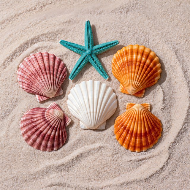 Exactly five seashells lie on pale sand: two pink shells on the left, one white shell in the center, and two orange shells on the right. A turquoise starfish sits above the center shell, nothing else. — Kling v3