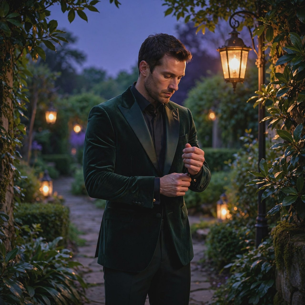 Along a garden path at violet dusk, an adult man in a midnight-green dinner suit adjusts one cuff beneath warm lantern glow, caught in a quiet pre-event pause with glossy leaves and elegant magazine polish. — Muse Image 1.0