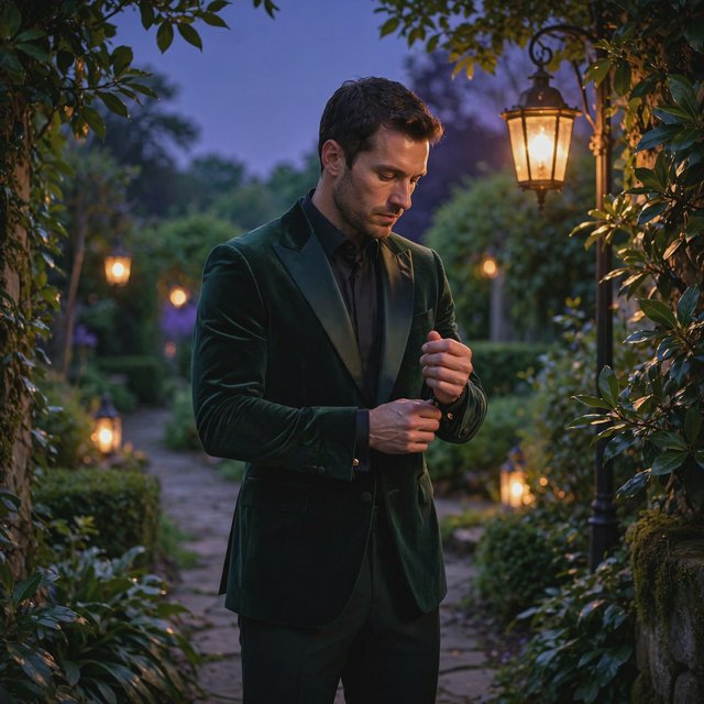 Along a garden path at violet dusk, an adult man in a midnight-green dinner suit adjusts one cuff beneath warm lantern glow, caught in a quiet pre-event pause with glossy leaves and elegant magazine polish. — Muse Image 1.0