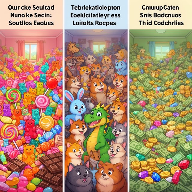 Realistic. Three scenes in one. 1) A room filled with many types of candy. 2) A room filled with many kinds of animals. 3) A room filled with all kinds of money. Above each room, a list names what is inside. — Krea 2 Large