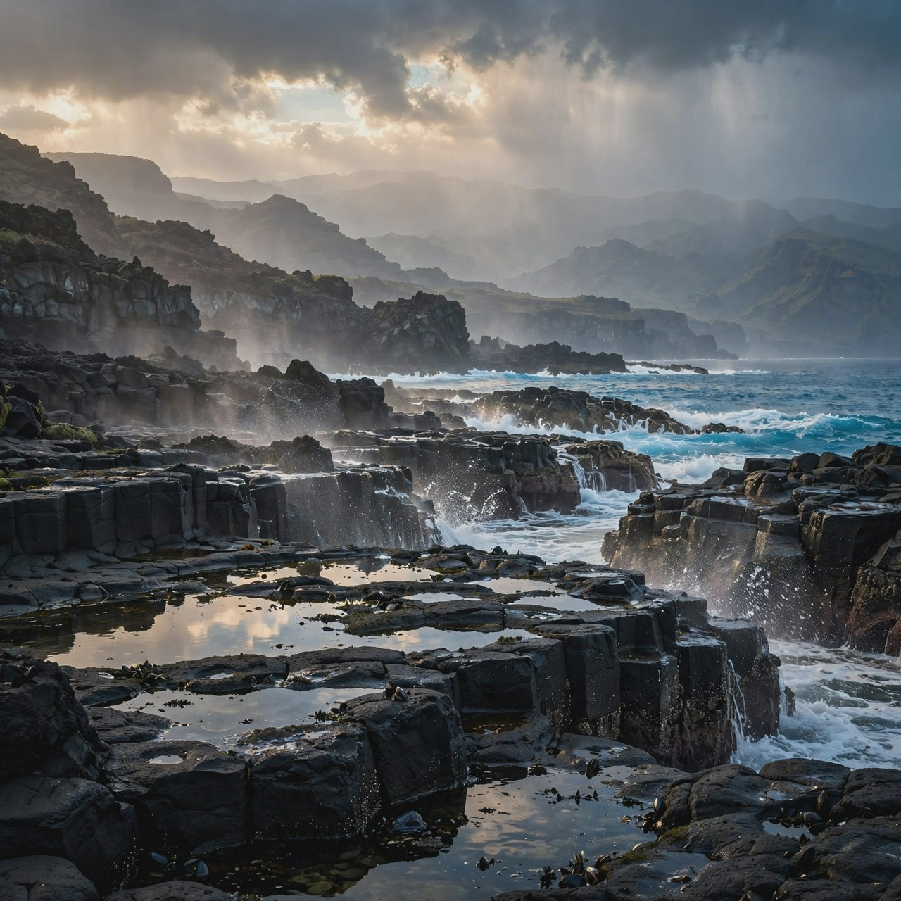 A rugged volcanic coastline under clearing storm clouds at late afternoon, black basalt shelves descending into turquoise surf, sea spray clinging to jagged rocks, tide pools reflecting distant cliffs and layered mountains fading into rain haze. — Muse Image 1.0
