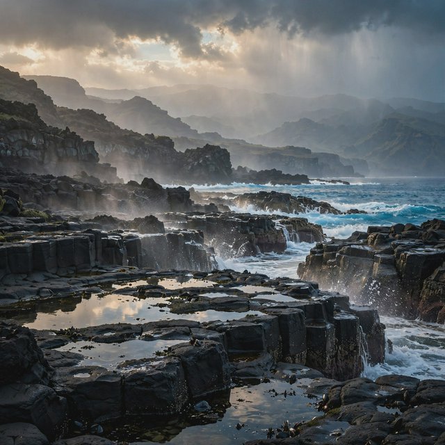 A rugged volcanic coastline under clearing storm clouds at late afternoon, black basalt shelves descending into turquoise surf, sea spray clinging to jagged rocks, tide pools reflecting distant cliffs and layered mountains fading into rain haze. — Muse Image 1.0