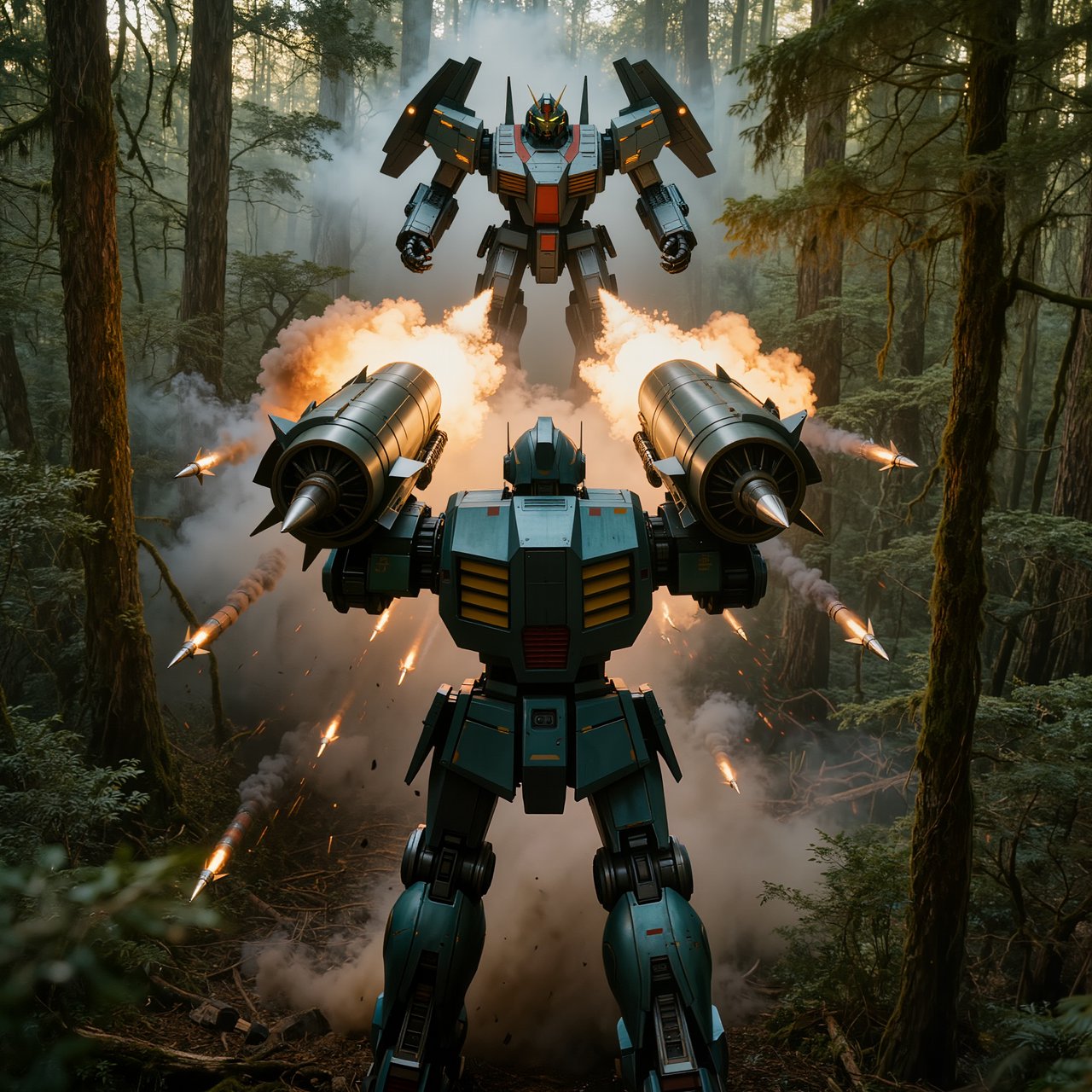 A dramatic cinematic scene of a towering 20-meter futuristic mecha standing in a dense forest, viewed from behind as the main focus. Its design is sleek, angular, and elegant, with a classic retro-futurist Japanese mecha aesthetic. Shoulder missile pods fire a volley of missiles toward an enemy mecha of a different but similarly styled design. The enemy mecha hovers in the air ahead, blocking the incoming missiles with a large arm-mounted energy shield. Dynamic action, smoke trails, forest scale, and intense battle atmosphere. — Kling v3