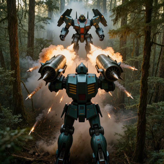 A dramatic cinematic scene of a towering 20-meter futuristic mecha standing in a dense forest, viewed from behind as the main focus. Its design is sleek, angular, and elegant, with a classic retro-futurist Japanese mecha aesthetic. Shoulder missile pods fire a volley of missiles toward an enemy mecha of a different but similarly styled design. The enemy mecha hovers in the air ahead, blocking the incoming missiles with a large arm-mounted energy shield. Dynamic action, smoke trails, forest scale, and intense battle atmosphere. — Kling v3
