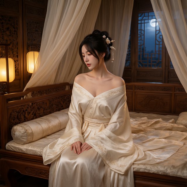A beautiful adult Chinese woman in her 20s wearing an elegant, subtly sensual Song Dynasty–inspired hanfu with a loose off-shoulder neckline, gracefully exposing her shoulders and collarbones. She sits on an ornate wooden bed inside a refined ancient Chinese bedroom at night, surrounded by gauze curtains, carved screens and softly glowing lanterns. Moonlight filters through the lattice window, creating a romantic, intimate atmosphere. Luxurious silk fabrics, delicate hair ornaments, natural feminine pose, cinematic lighting, historically inspired details, tasteful and sophisticated. — Qwen Image 3.0