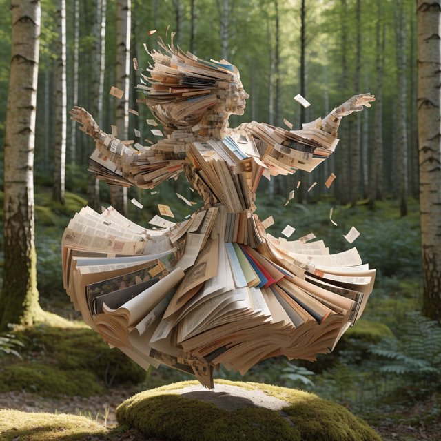 Create an adult odalisque entirely made of anthologies. The odalisque is formed from an anthology, with movement and motion blur that clearly shows its composition. The material should appear high quality, with dappled sunlight. The background is a birch forest, and the overall mood is Futurism. — Recraft v4