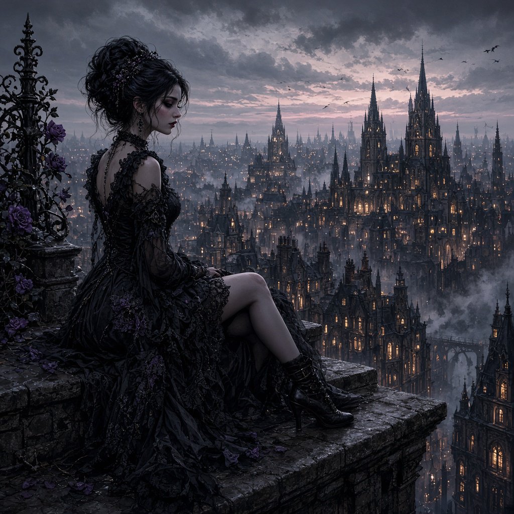 A whimsical gothic woman sitting on a ledge overlooking the city. — Grok Imagine Image 2