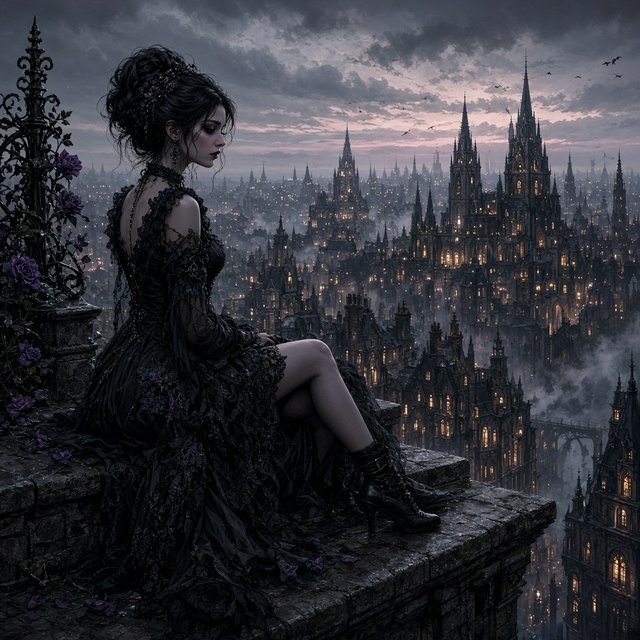 A whimsical gothic woman sitting on a ledge overlooking the city. — Grok Imagine Image 2