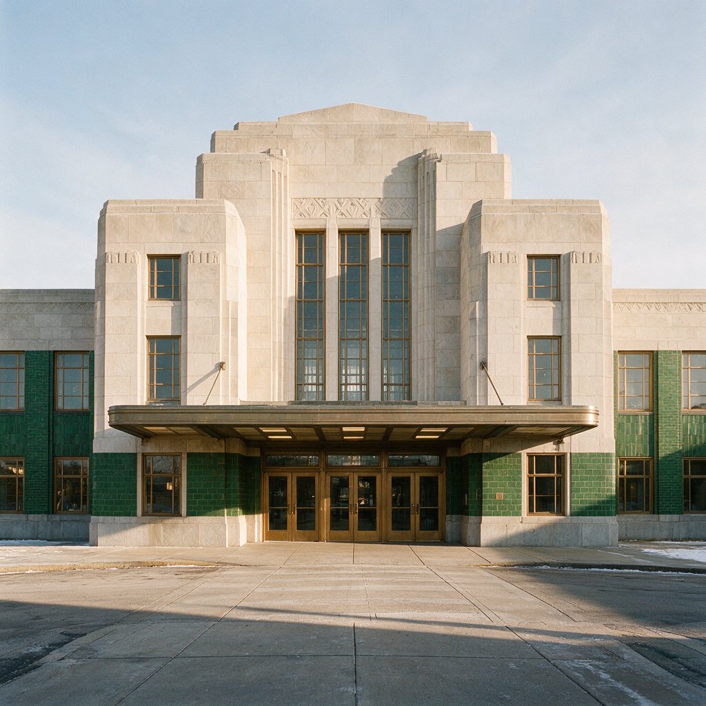Exterior of an Art Deco railway terminal in pale limestone and dark green glazed brick, with stepped massing, bronze-framed windows, and a broad canopy; clear winter morning light, viewed from the station forecourt, precise lines and credible structure. — Seedream 5.0 Pro