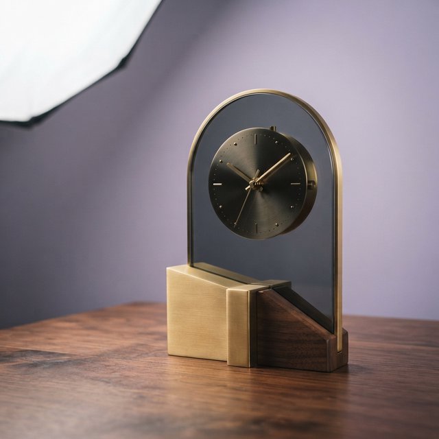 Commercial product photograph of an unbranded sculptural table clock made from satin brass and smoked glass, resting on a dark walnut surface against a muted lavender background, illuminated by a large diffused softbox from the upper left and a subtle rear rim light. — Nano Banana 2 Lite