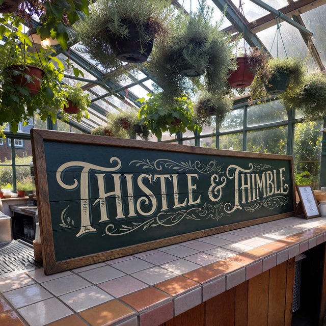 At a neighborhood greenhouse café, sunlight filters through hanging herbs above a tiled counter; "THISTLE & THIMBLE" is painted in hand-lettered cream script across a deep green wooden menu board. — ImagineArt 1.5 Pro