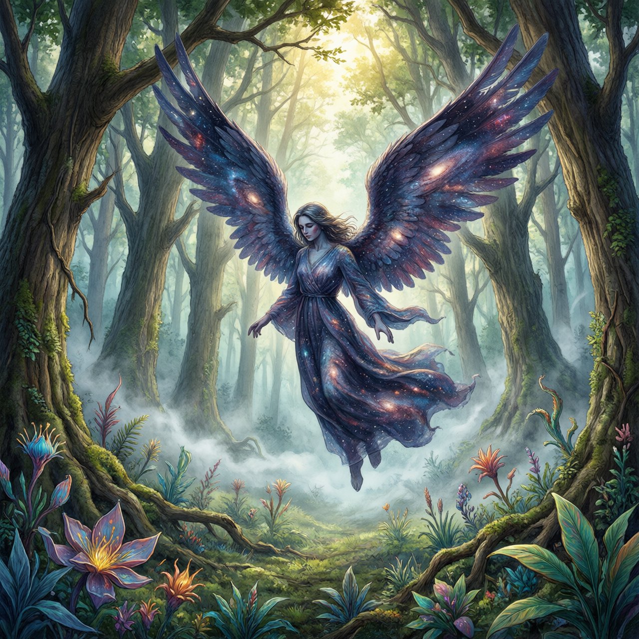 A lone angel with feathered wings, composed of swirling cosmic dust and nebulae, descends into a quiet, enchanted forest. Sunlight filters through the ancient canopy, illuminating wisps of mist and the vibrant, otherworldly plants below. The style is a fusion of hyper-detailed fantasy illustration and soft watercolor techniques, with the polished finish of concept art. — Qwen Image 3.0 Pro