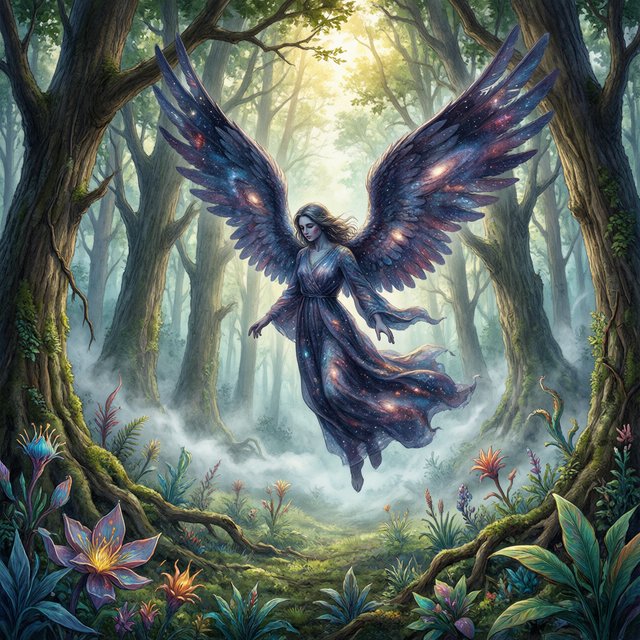 A lone angel with feathered wings, composed of swirling cosmic dust and nebulae, descends into a quiet, enchanted forest. Sunlight filters through the ancient canopy, illuminating wisps of mist and the vibrant, otherworldly plants below. The style is a fusion of hyper-detailed fantasy illustration and soft watercolor techniques, with the polished finish of concept art. — Qwen Image 3.0 Pro