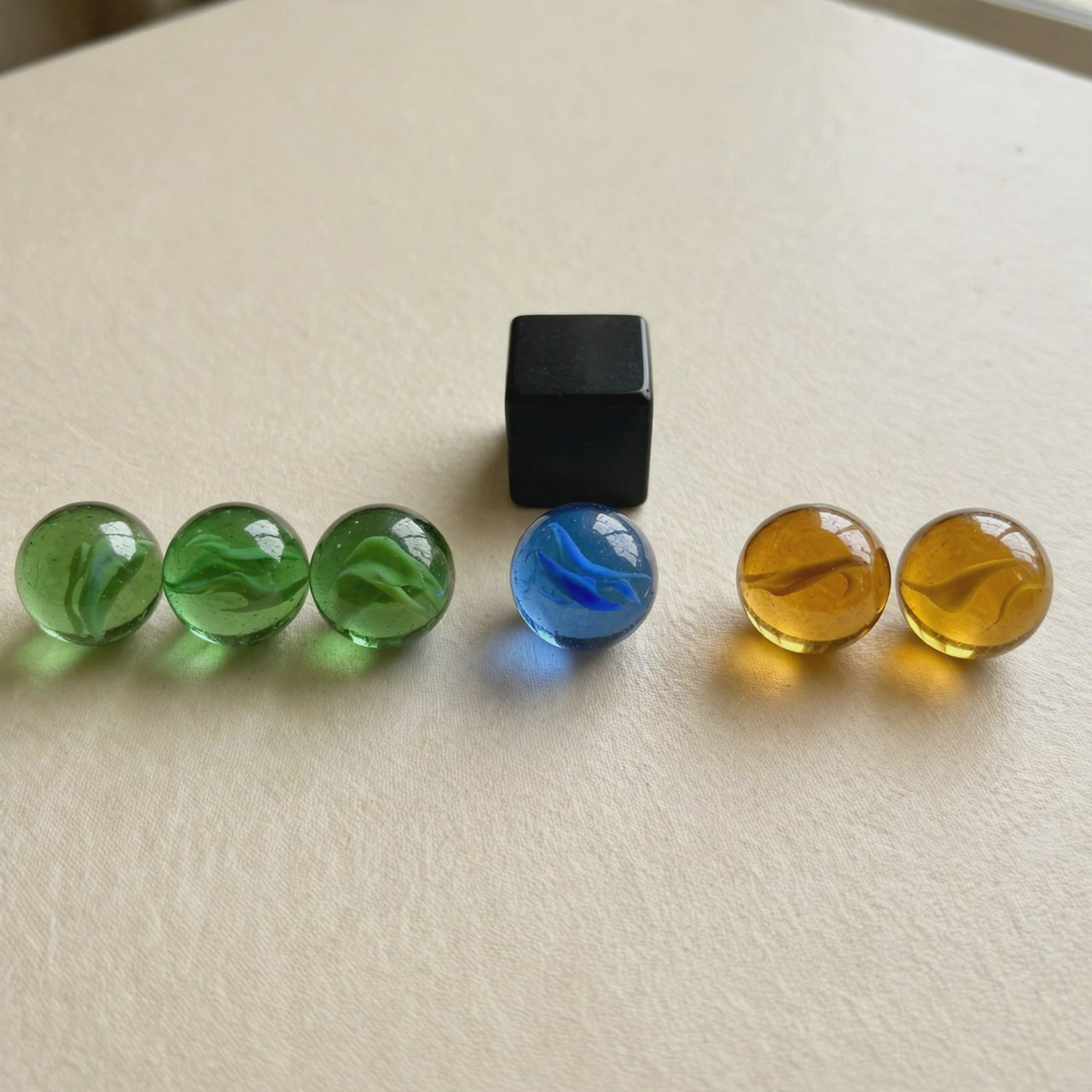 Exactly six glass marbles sit on a cream tabletop: three green marbles in a row on the left, two amber marbles in a row on the right, and one blue marble centered between the rows. A black cube sits above the blue marble, nothing else. — Muse Image 1.0