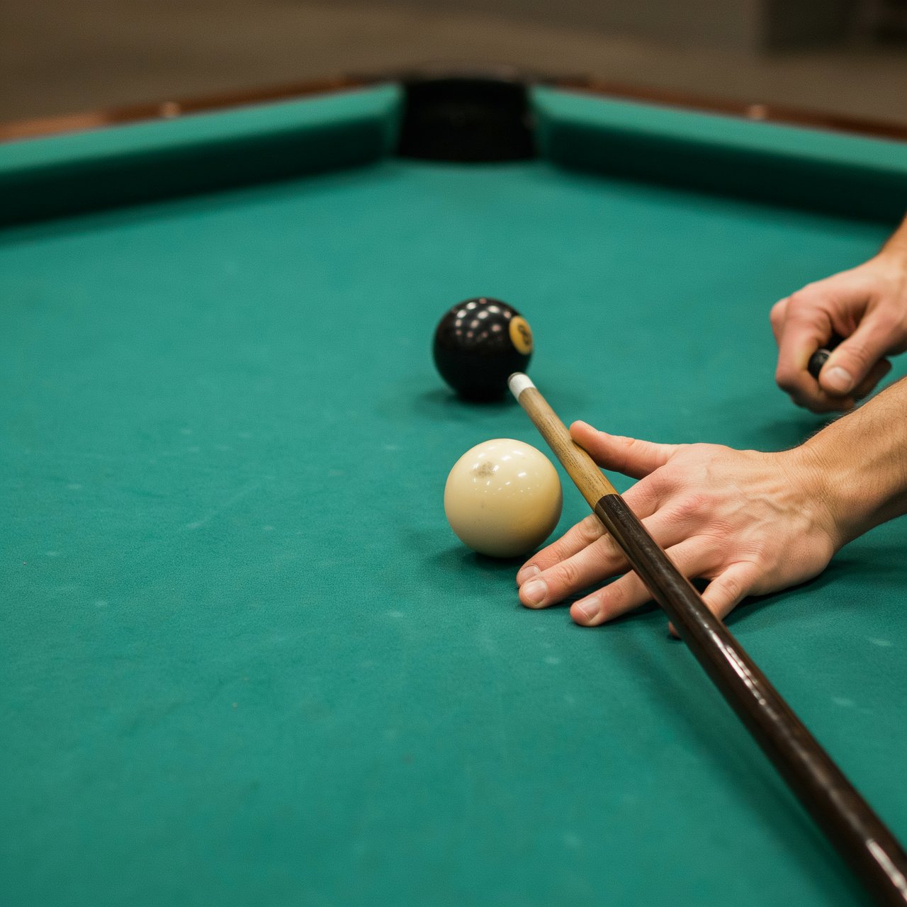 First-person perspective of an adult pool player’s left hand holding the cue, aiming the white cue ball at the black 8-ball and intending to pocket it in the center pocket. — Ideogram v4