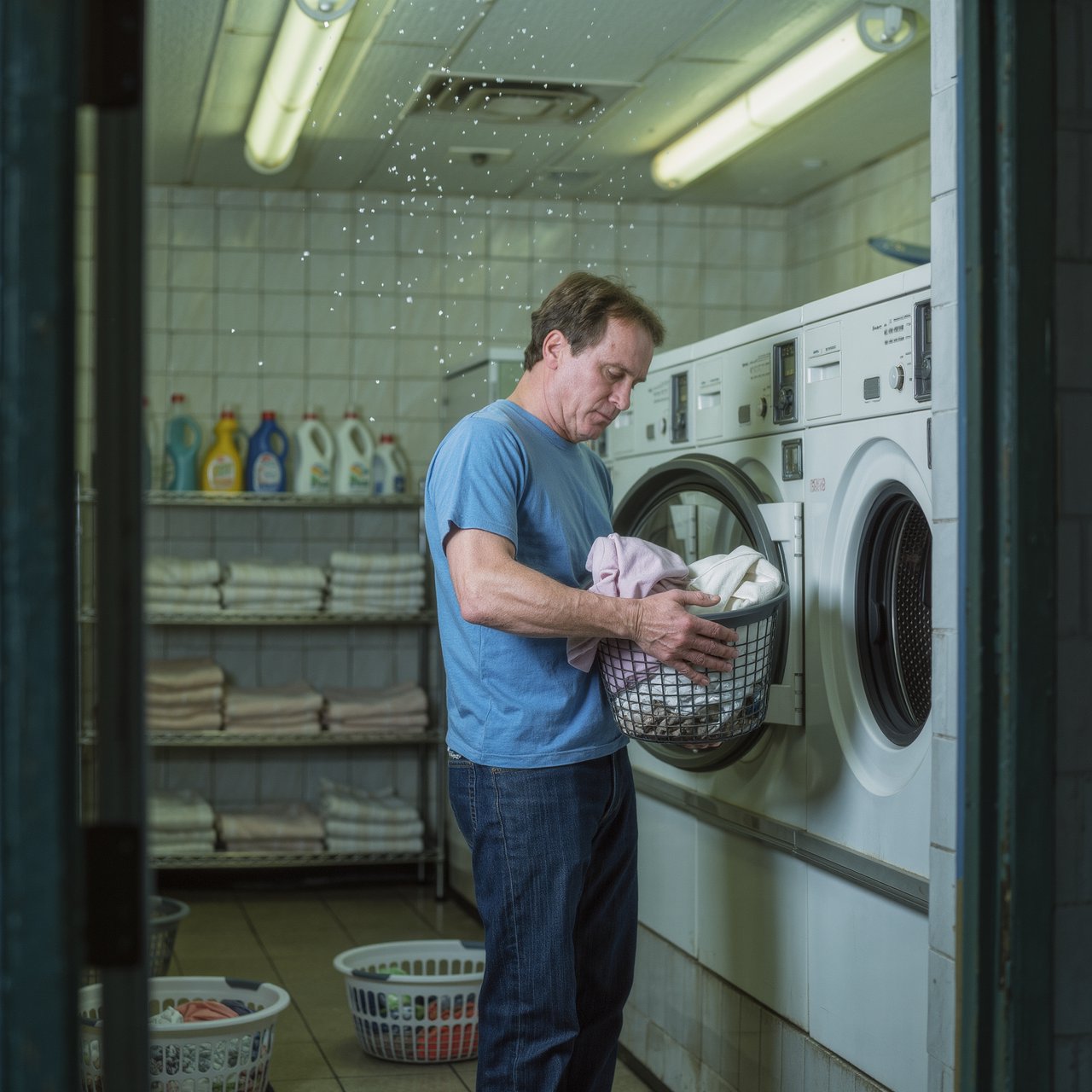 Candid documentary photograph of an adult sorting laundry in a neighborhood laundromat, cool fluorescent light, 35mm lens with moderate depth of field, lint specks floating near a tumbling dryer door. — Kling v3 Omni