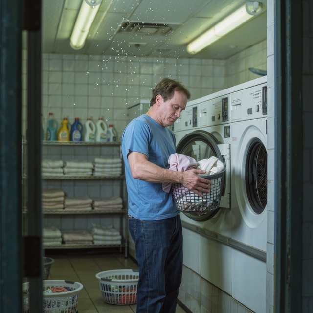 Candid documentary photograph of an adult sorting laundry in a neighborhood laundromat, cool fluorescent light, 35mm lens with moderate depth of field, lint specks floating near a tumbling dryer door. — Kling v3 Omni