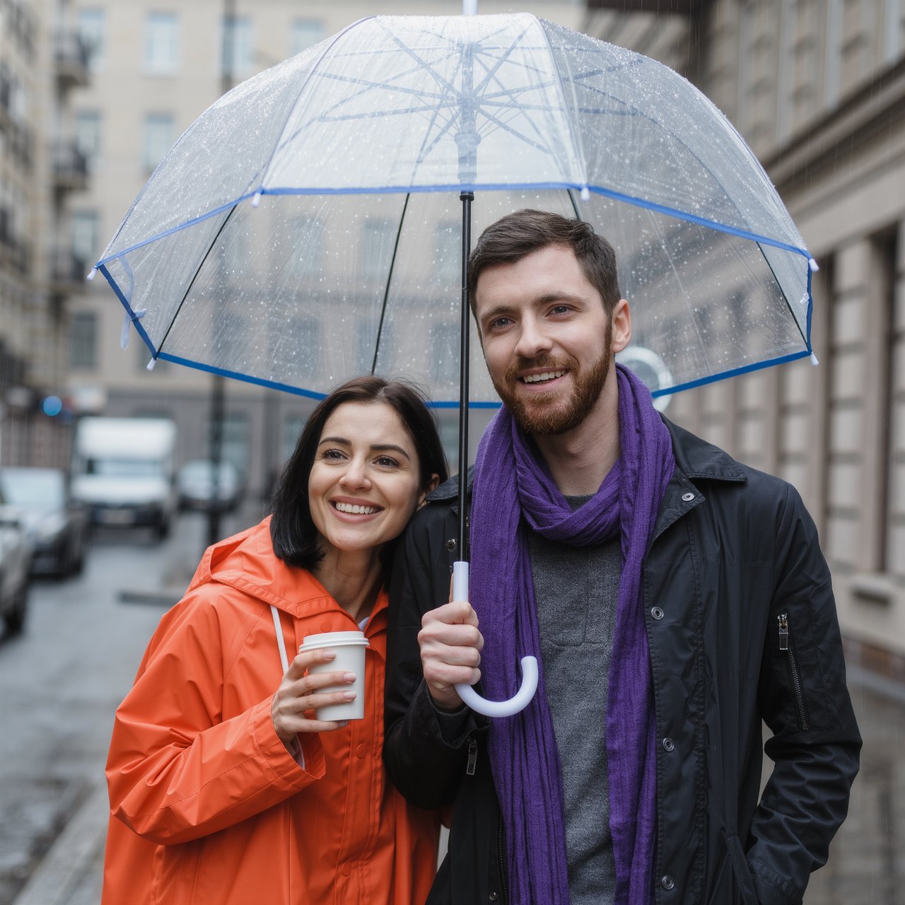 A man with a purple scarf holding a transparent umbrella, standing to the right of a woman in an orange raincoat who holds a paper cup, both facing the camera. — Kling v3 Omni