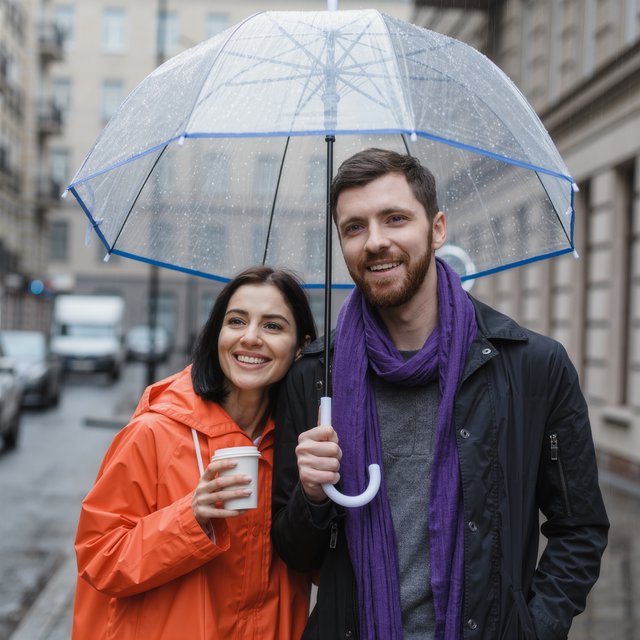 A man with a purple scarf holding a transparent umbrella, standing to the right of a woman in an orange raincoat who holds a paper cup, both facing the camera. — Kling v3 Omni