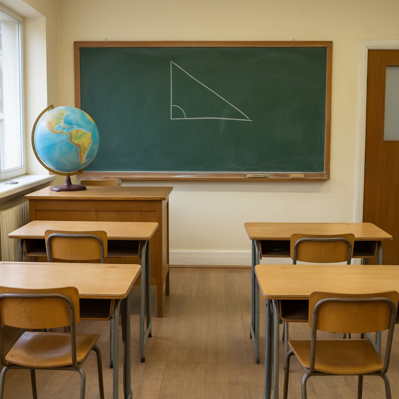 A classroom with exactly four desks in two rows, a globe on the teacher's desk, a chalkboard with a single drawn triangle, empty of people. — Qwen Image 3.0