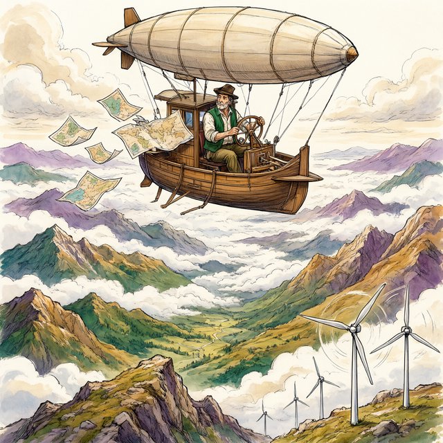 Ink-and-gouache illustration of an adult cartographer steering a small airship above a cloud-filled mountain valley, maps fluttering from the cabin and wind turbines turning below. Palette of emerald, ochre, plum, and cream, with lively linework and atmospheric washes. — Qwen Image 3.0 Pro