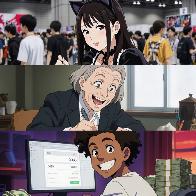 Realistic. Four scenes in one. 1) A pretty Japanese woman, about 19–23 years old, in cat-type cosplay at an anime convention. 2) An old German man or woman, about 60–65 years old, finally having a breakthrough that would change the world. 3) A happy, mixed-race, 21-year-old female or male hacker checking their bank account, which has many zeros, with a bundle of cash near their PC. 4) A happy moment that would make you smile. — Krea 2 Medium