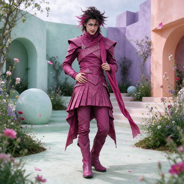 An image depicting a wild character dressed in magenta attire, an outfit, or armor. No text. A complementary pastel background. Lifestyle photography. — Seedream 5.0 Flash