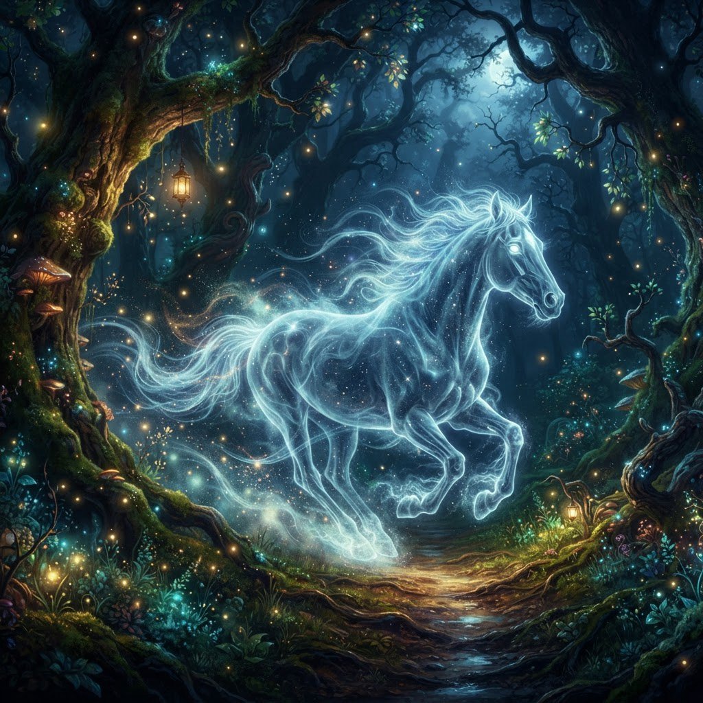 A majestic horse with a spectral mane and tail gallops through an enchanted, moonlit forest. Glimmering fireflies illuminate the path, casting an ethereal glow on ancient trees. The horse appears translucent, as if it's a phantom from another realm. The style is digital art, with surrealism and cinematic lighting to enhance the mysterious atmosphere — Nano Banana 2 Lite