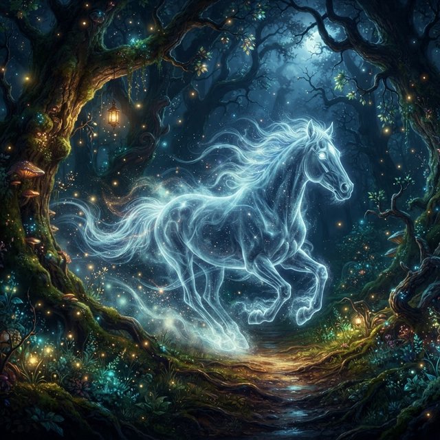 A majestic horse with a spectral mane and tail gallops through an enchanted, moonlit forest. Glimmering fireflies illuminate the path, casting an ethereal glow on ancient trees. The horse appears translucent, as if it's a phantom from another realm. The style is digital art, with surrealism and cinematic lighting to enhance the mysterious atmosphere — Nano Banana 2 Lite