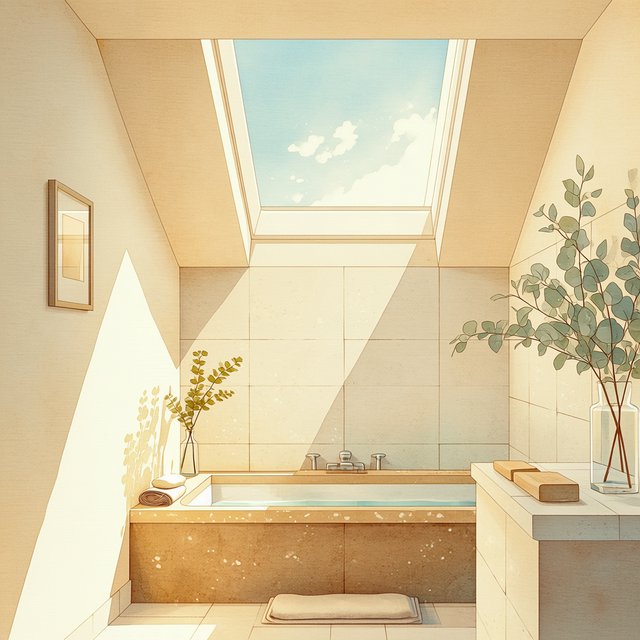 A spa bathroom with a stone tub, a skylight, plaster walls in warm white, eucalyptus in a vase, soft shadows. — Midjourney Niji 7