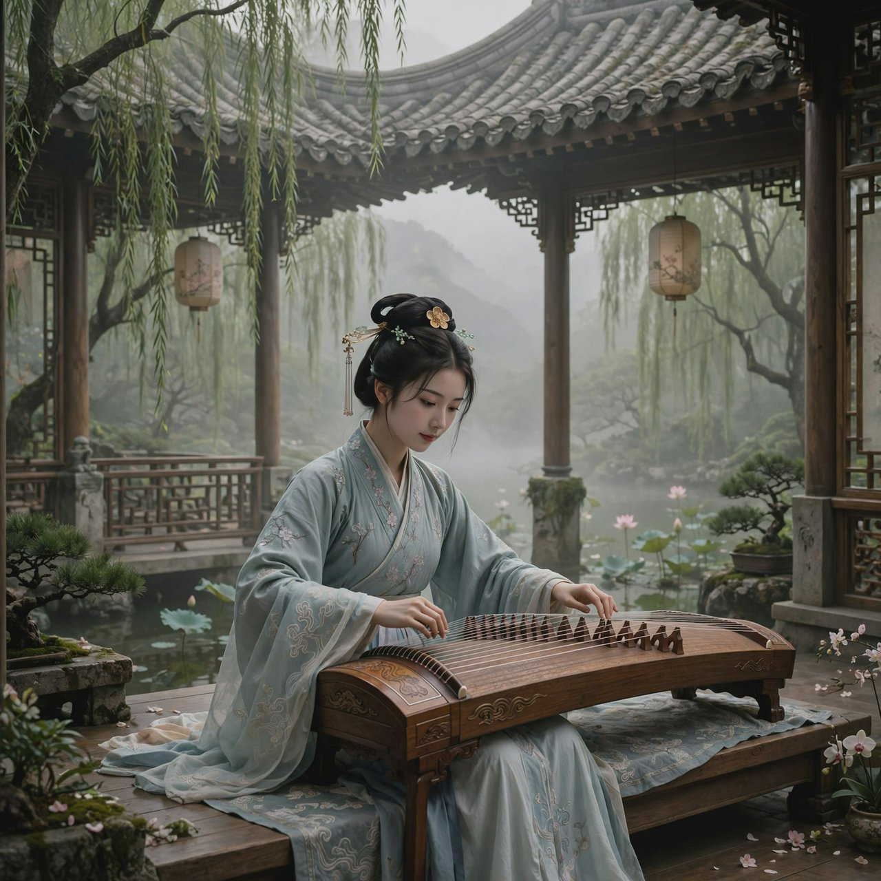 An elegant ancient Chinese lady in hanfu plays the guzheng in a quiet garden pavilion, surrounded by willow trees and mist, creating a poetic atmosphere. — Muse Image 1.0