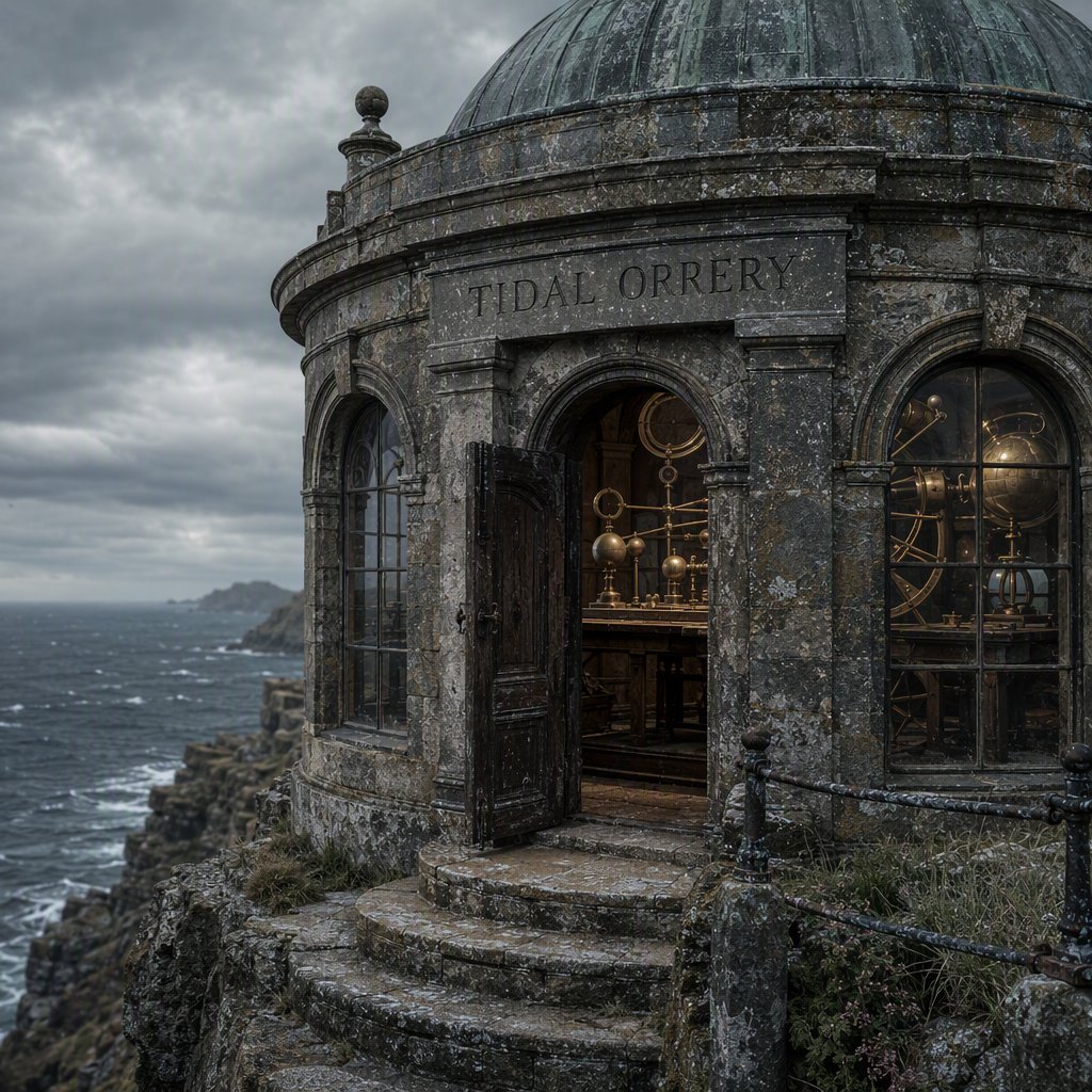 A weathered coastal observatory overlooks dark water, its brass instruments visible through arched windows; "TIDAL ORRERY" is carved into a slate lintel above the entrance, salt spray softening the deep engraved grooves. — GPT Image 2