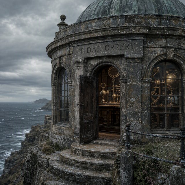 A weathered coastal observatory overlooks dark water, its brass instruments visible through arched windows; "TIDAL ORRERY" is carved into a slate lintel above the entrance, salt spray softening the deep engraved grooves. — GPT Image 2