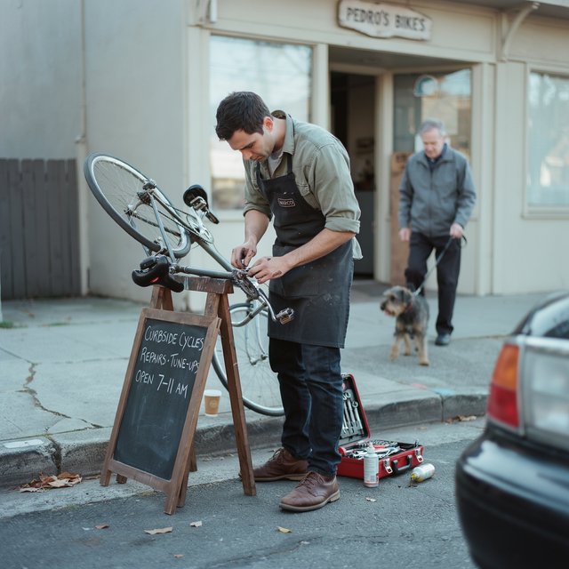 Candid documentary photograph of an adult repairing a bicycle at a quiet curbside workshop, cool morning window light, 50mm lens with shallow depth of field, grease smudges on their fingertips. — Ideogram v4