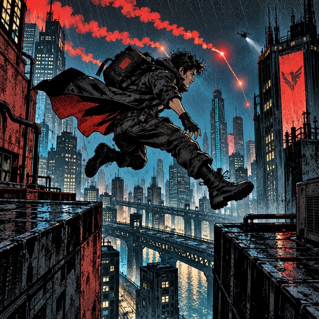 An adult rooftop courier vaults between rain-dark towers, coat snapping as signal flares streak behind; bold ink comic-panel illustration with dense halftone shadows, palette of electric cyan, vermilion, charcoal, and cream, no speech bubbles. — GPT Image 2.5 Sunburst