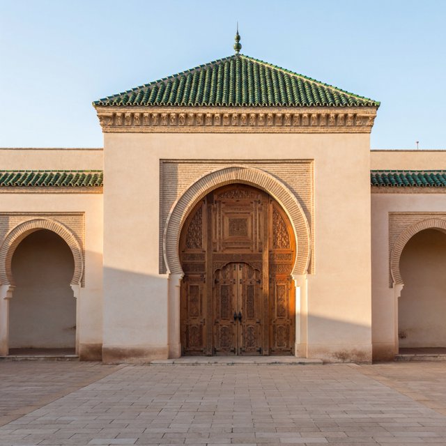 Exterior of a Moorish Revival municipal bathhouse, pale buff stucco, striped brick arches, green glazed tile roof and carved cedar doors; clear morning light, viewed across a paved courtyard, with coherent structure and crisp lines. — ImagineArt 2