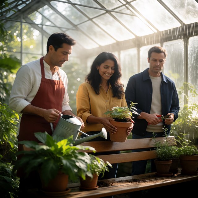 At a quiet greenhouse bench, exactly three adult botanists stand in a row: left wears a rust-red apron and holds a watering can, center wears a mustard shirt and holds a terracotta pot, right wears a navy jacket and holds pruning shears; nothing else. — Krea 2 Medium