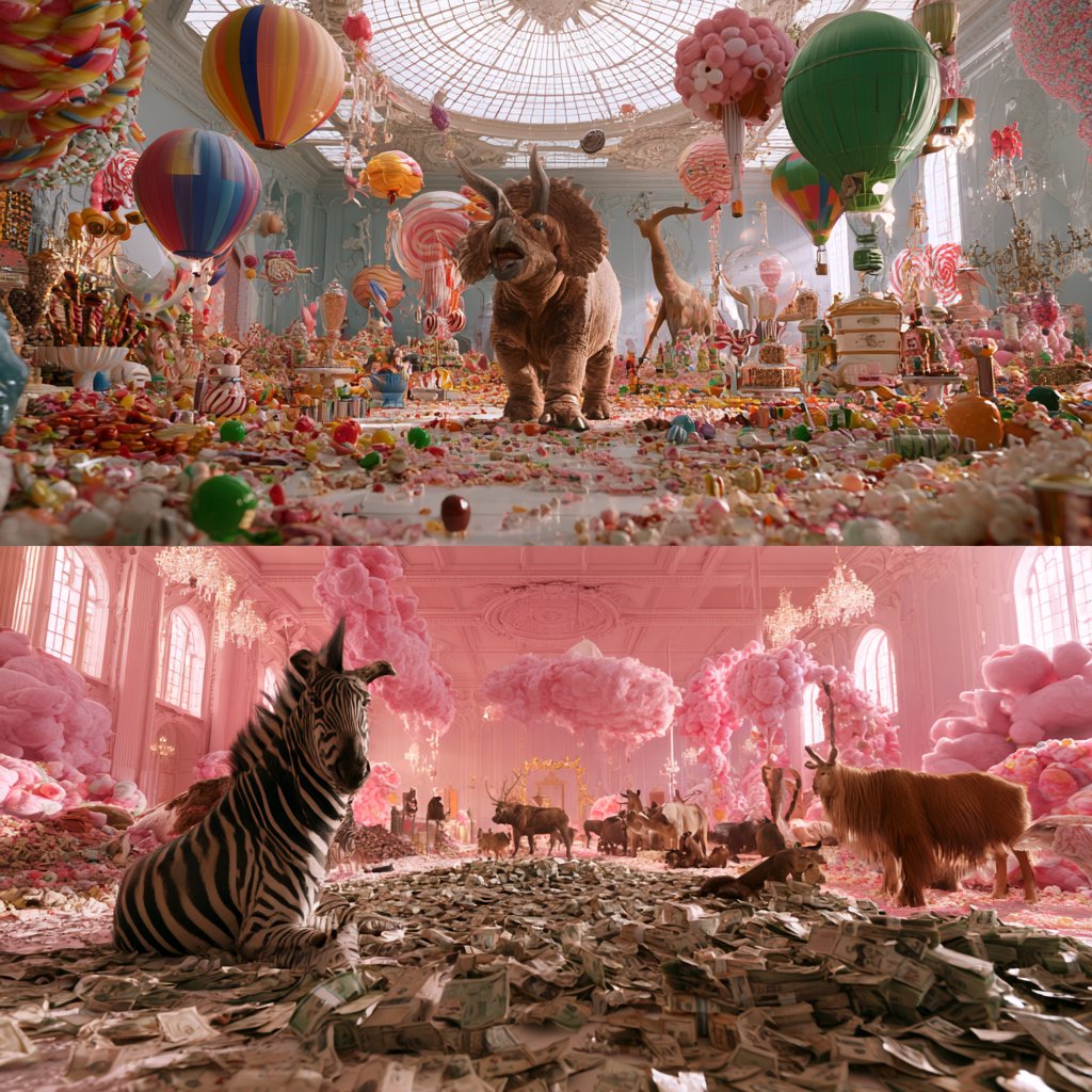 Realistic. Three scenes in one. 1) A room filled with many types of candy. 2) A room filled with many kinds of animals. 3) A room filled with all kinds of money. Above each room, a list names what is inside. — Midjourney V8.2