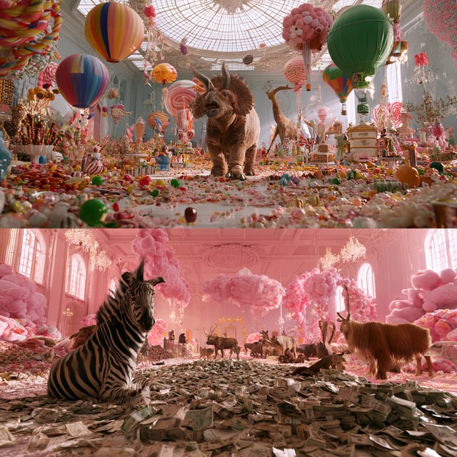 Realistic. Three scenes in one. 1) A room filled with many types of candy. 2) A room filled with many kinds of animals. 3) A room filled with all kinds of money. Above each room, a list names what is inside. — Midjourney V8.2